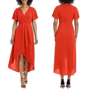 Maggy London Dress Faux Wrap Flutter Sleeve Pleated Hi Lo Midi Valiant Poppy 8